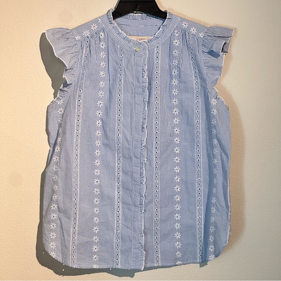 LOFT Tops - LOFT Blue and White Striped Eyelet Flutter Sleeve Blouse